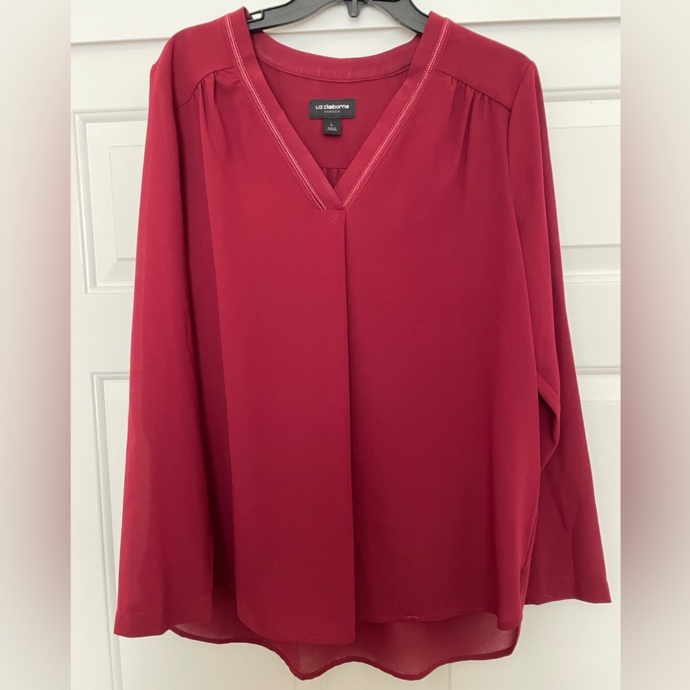 Liz Claiborne Career NWOT long sleeve vneck top blouse size Large- deep maroon